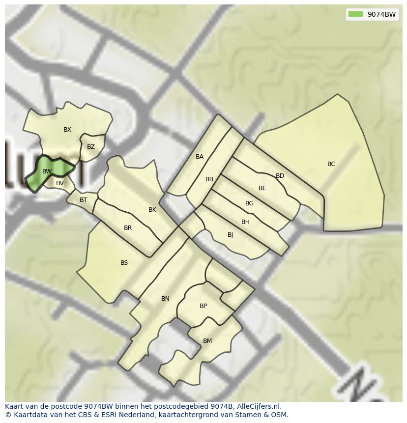 Afbeelding van het postcodegebied 9074 BW op de kaart.