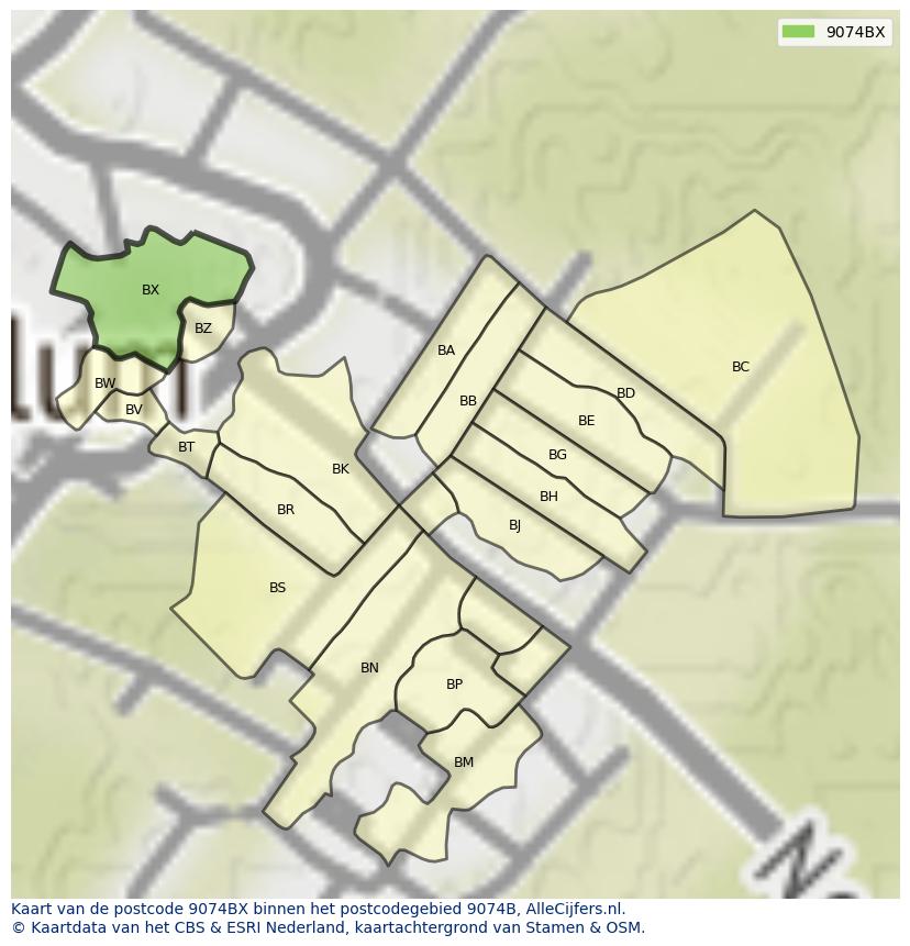Afbeelding van het postcodegebied 9074 BX op de kaart.
