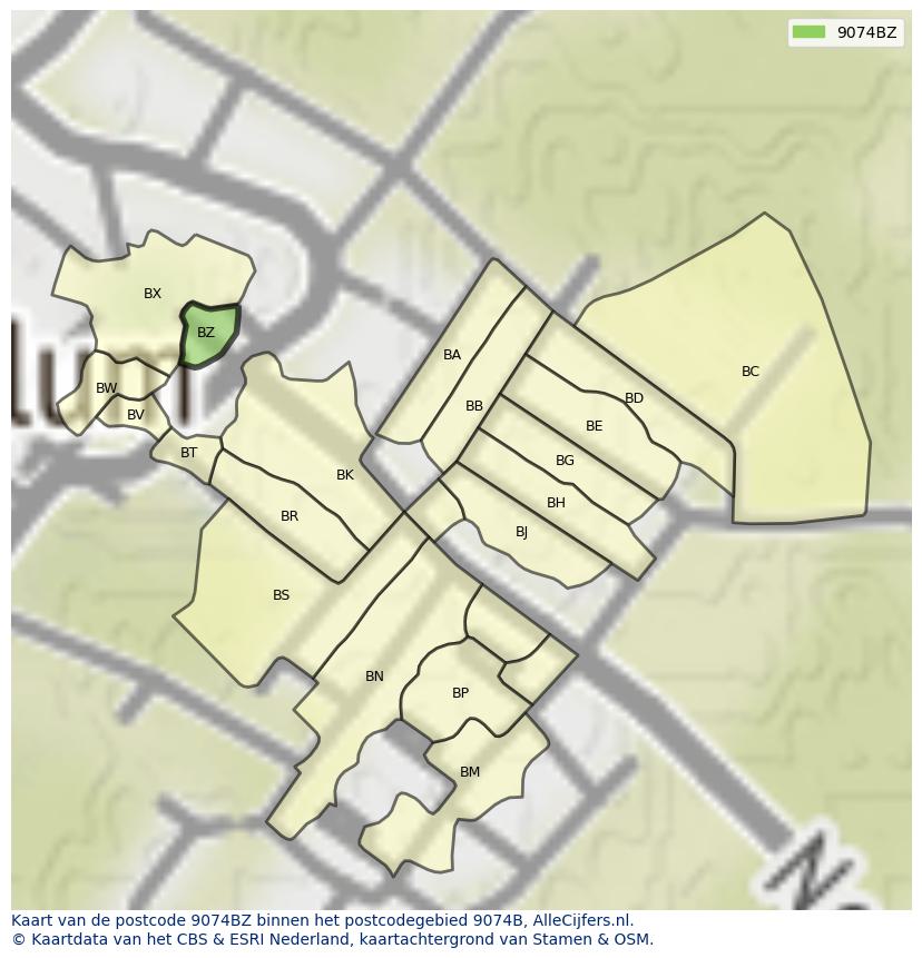 Afbeelding van het postcodegebied 9074 BZ op de kaart.