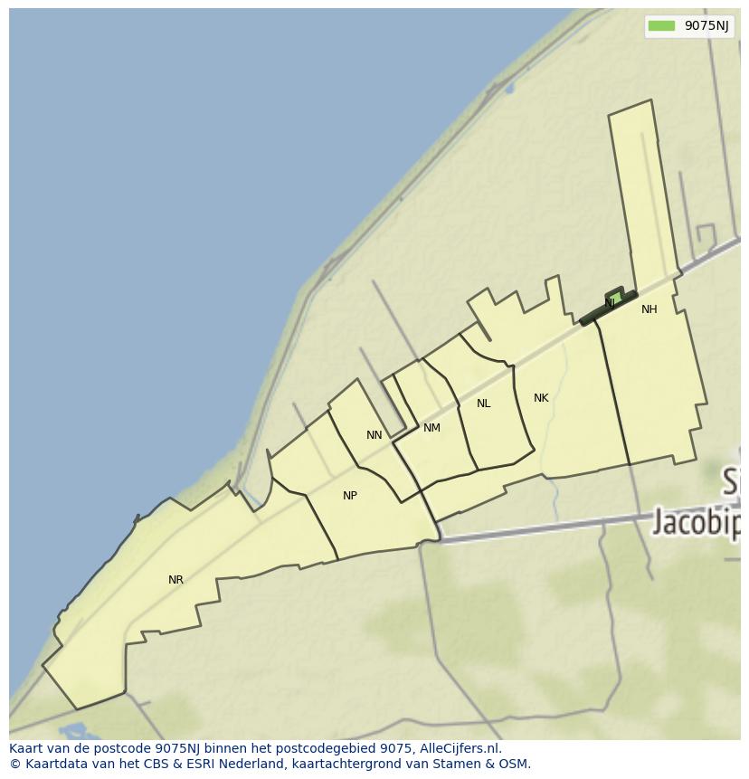 Afbeelding van het postcodegebied 9075 NJ op de kaart.