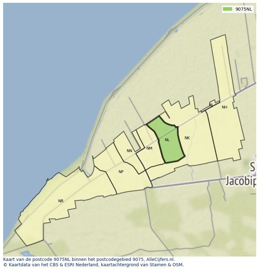 Afbeelding van het postcodegebied 9075 NL op de kaart.