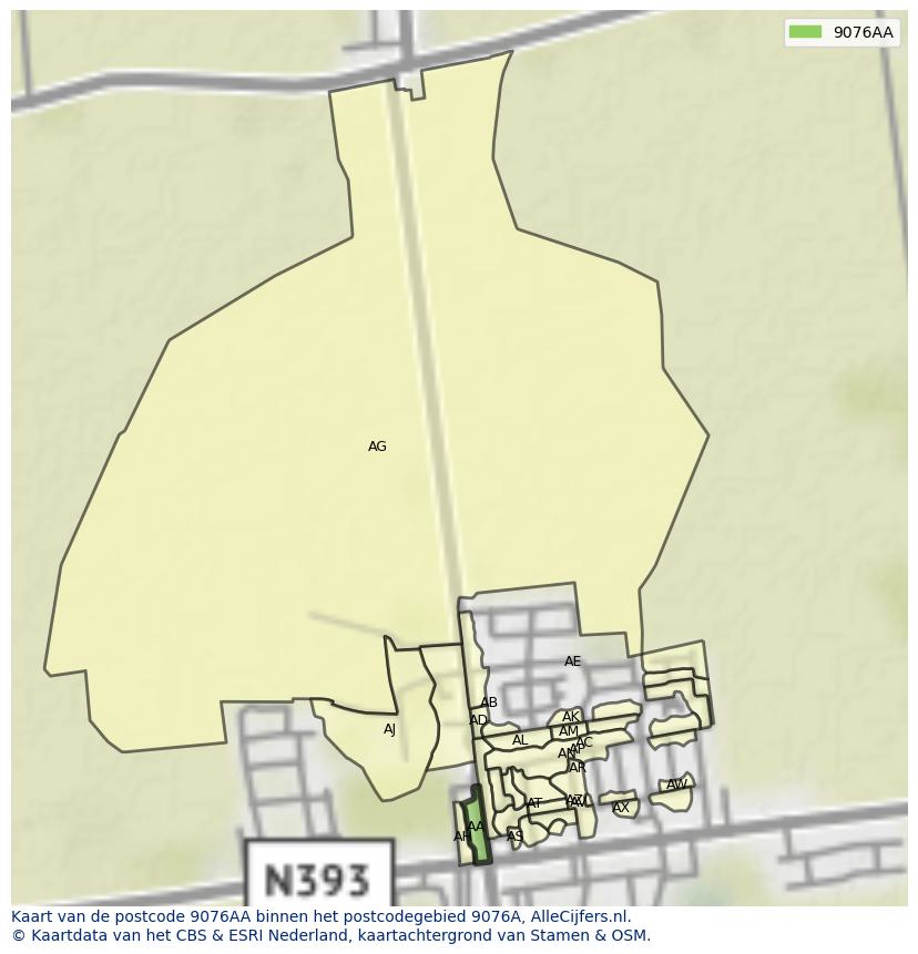 Afbeelding van het postcodegebied 9076 AA op de kaart.