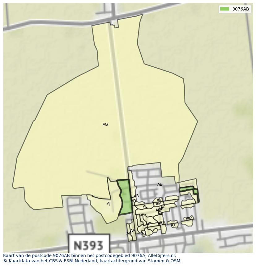 Afbeelding van het postcodegebied 9076 AB op de kaart.