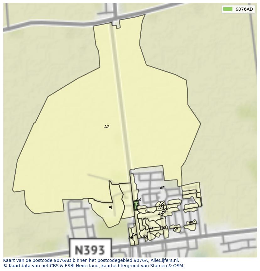 Afbeelding van het postcodegebied 9076 AD op de kaart.