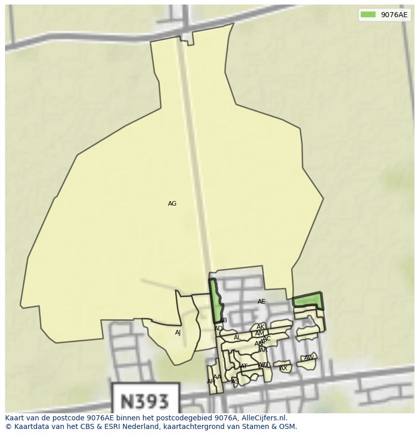 Afbeelding van het postcodegebied 9076 AE op de kaart.