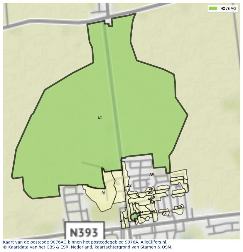 Afbeelding van het postcodegebied 9076 AG op de kaart.