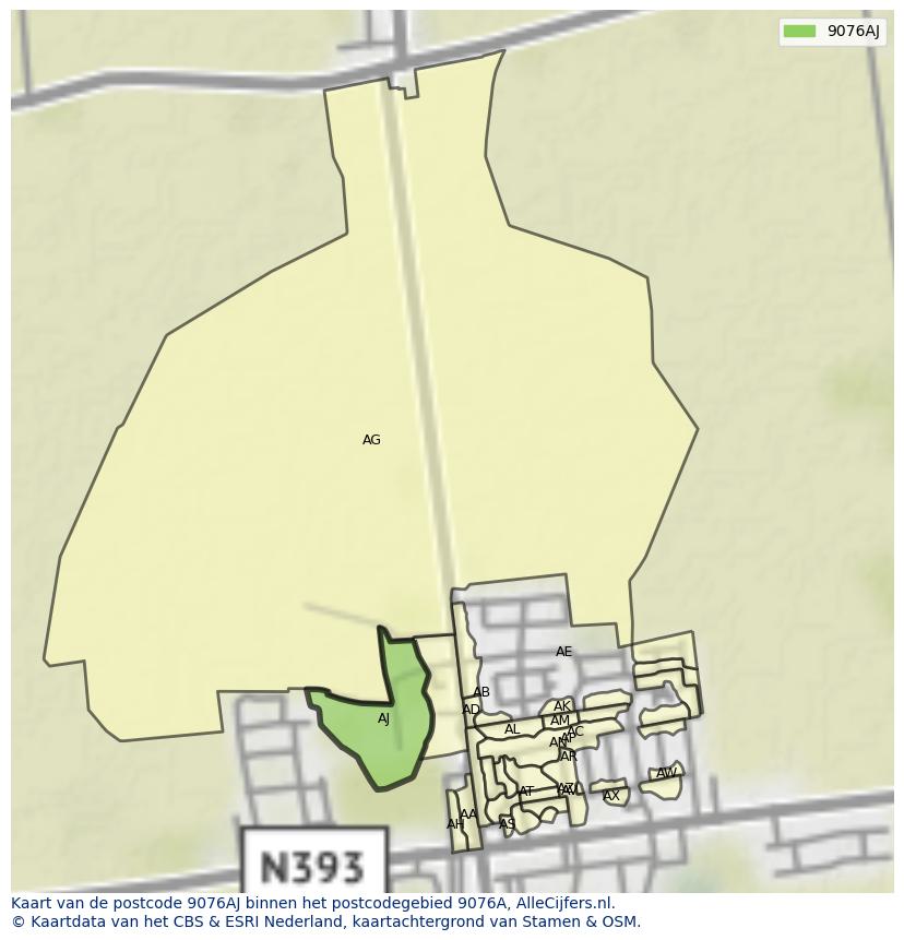 Afbeelding van het postcodegebied 9076 AJ op de kaart.