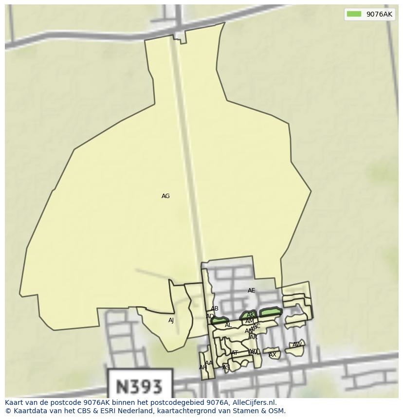 Afbeelding van het postcodegebied 9076 AK op de kaart.