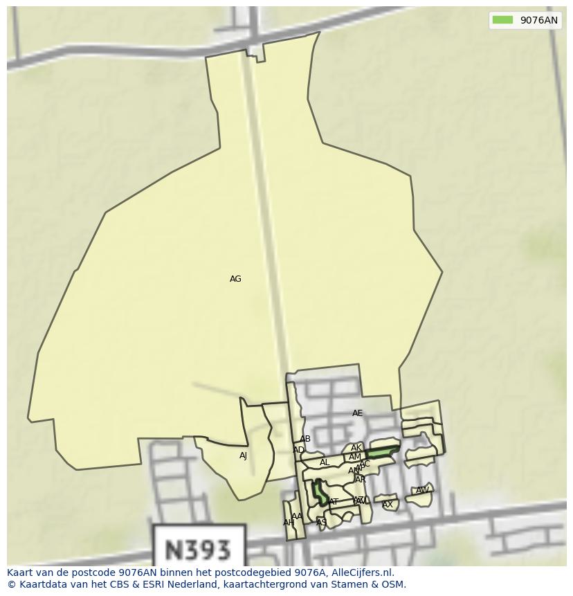 Afbeelding van het postcodegebied 9076 AN op de kaart.