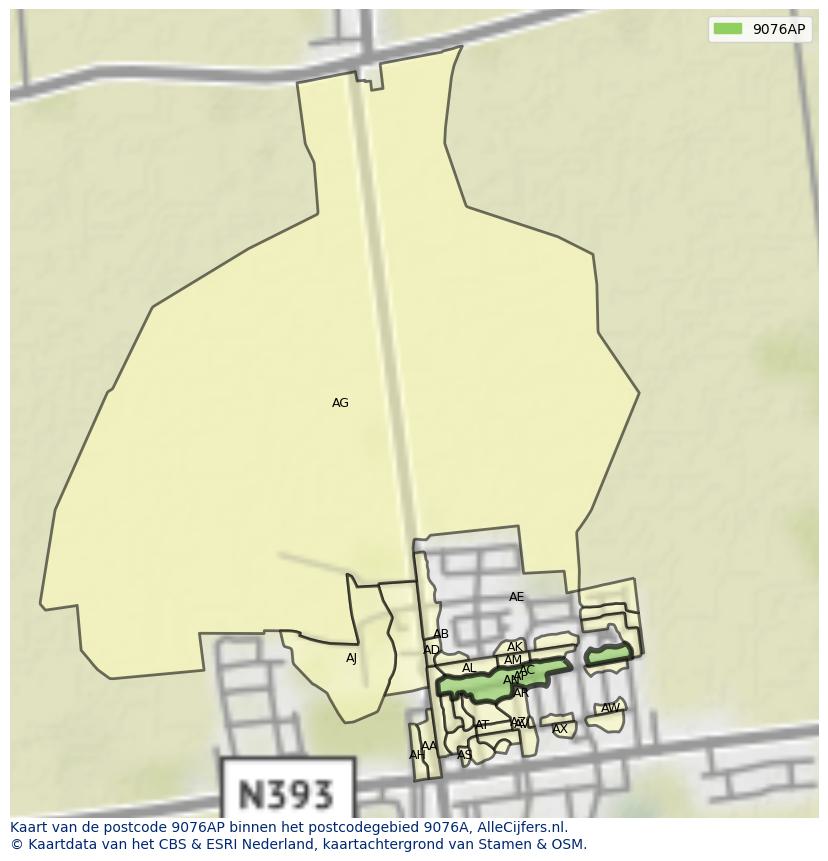 Afbeelding van het postcodegebied 9076 AP op de kaart.