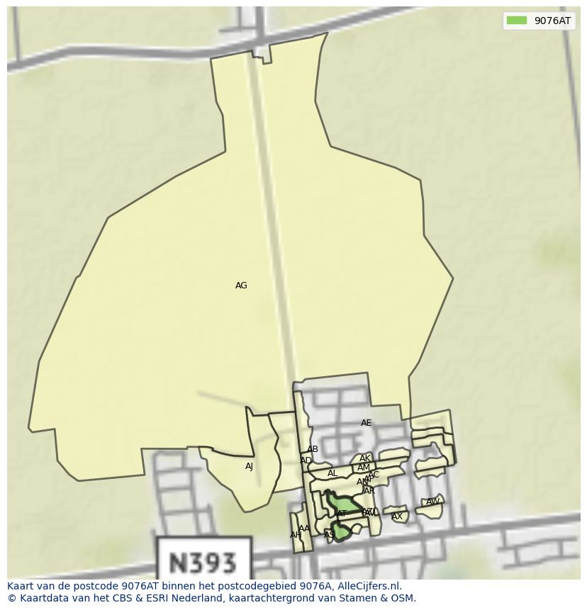 Afbeelding van het postcodegebied 9076 AT op de kaart.