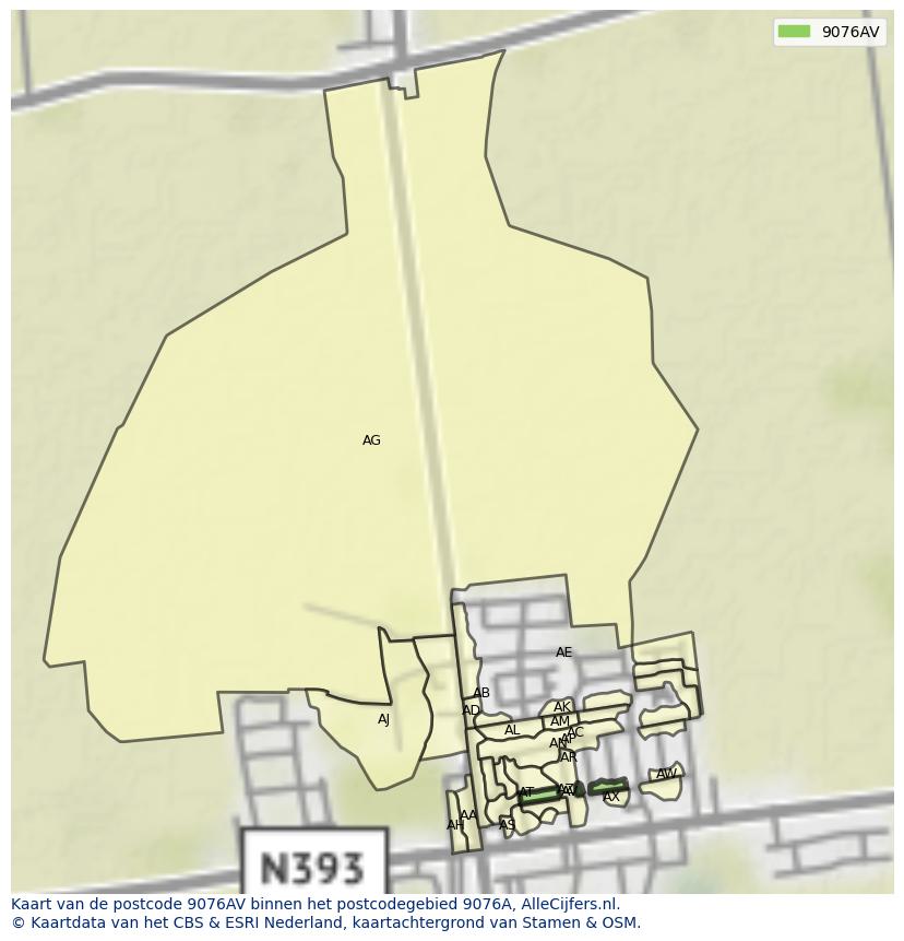 Afbeelding van het postcodegebied 9076 AV op de kaart.