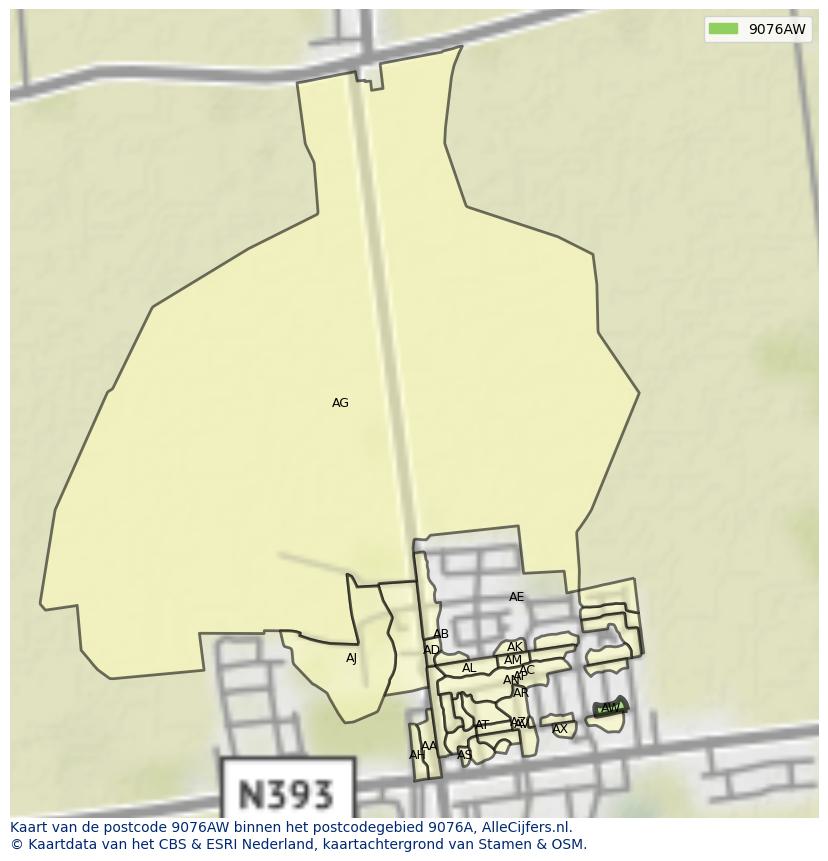Afbeelding van het postcodegebied 9076 AW op de kaart.