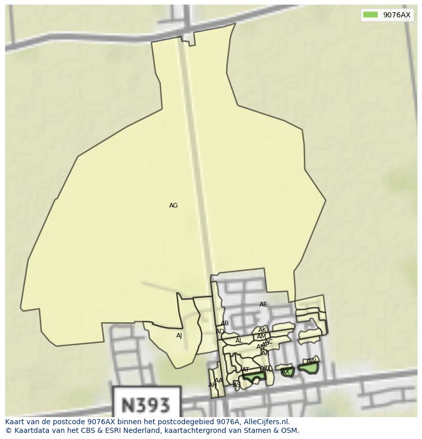 Afbeelding van het postcodegebied 9076 AX op de kaart.