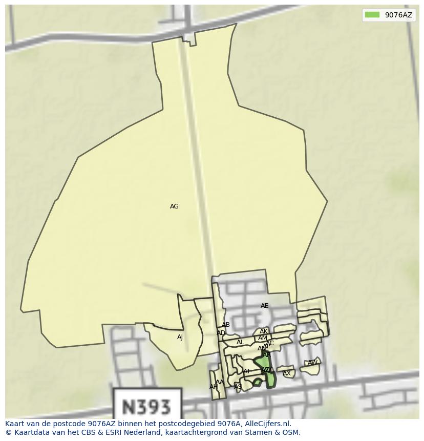 Afbeelding van het postcodegebied 9076 AZ op de kaart.