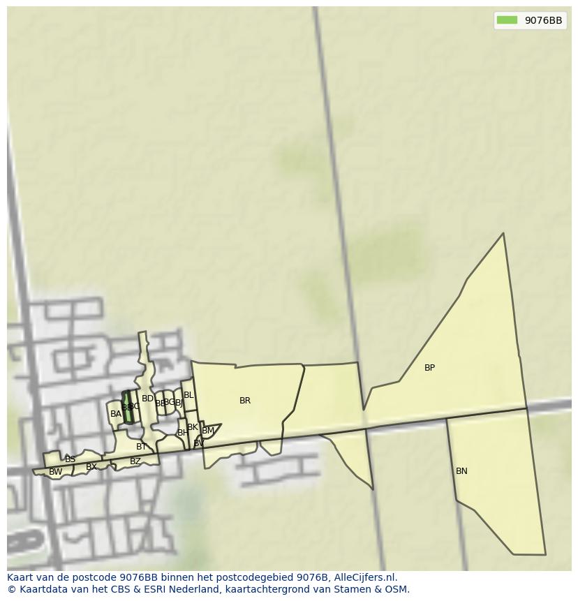 Afbeelding van het postcodegebied 9076 BB op de kaart.