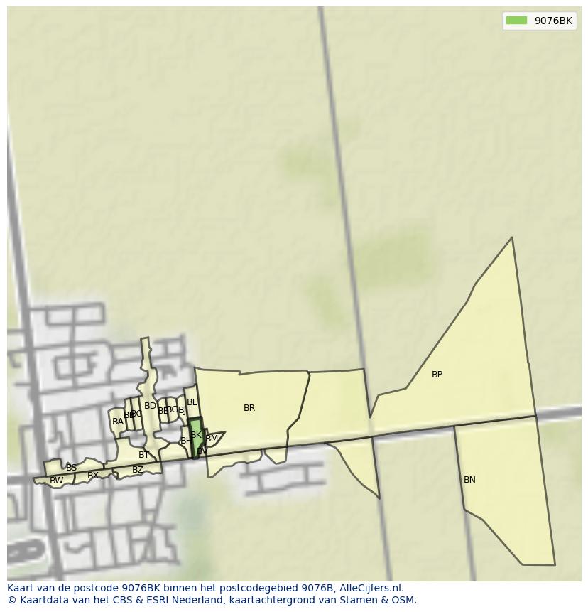 Afbeelding van het postcodegebied 9076 BK op de kaart.