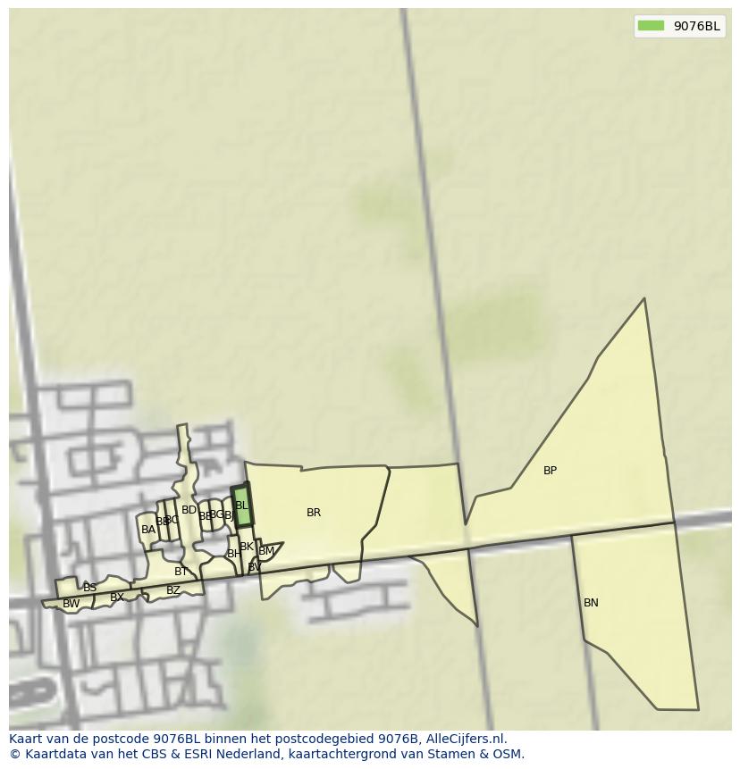 Afbeelding van het postcodegebied 9076 BL op de kaart.