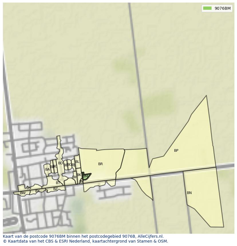 Afbeelding van het postcodegebied 9076 BM op de kaart.