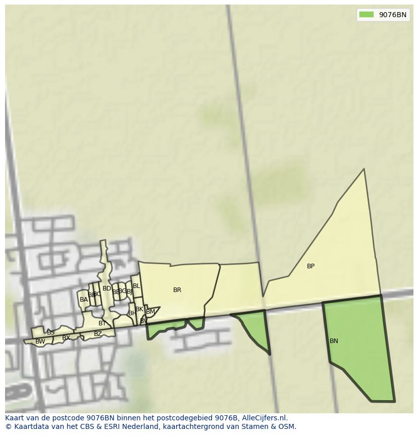 Afbeelding van het postcodegebied 9076 BN op de kaart.