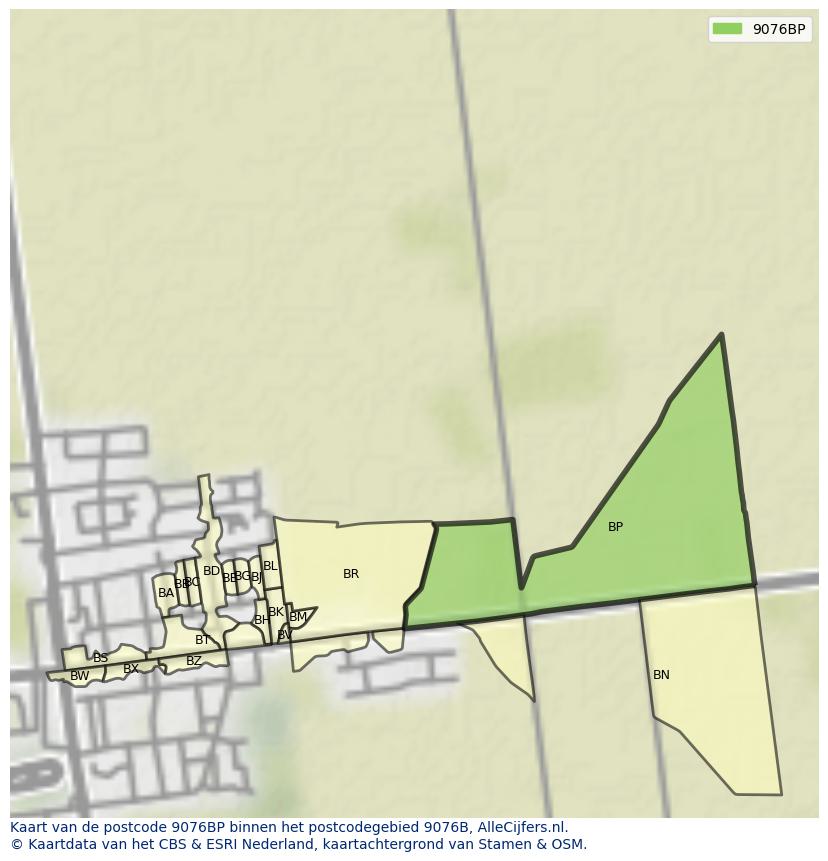 Afbeelding van het postcodegebied 9076 BP op de kaart.