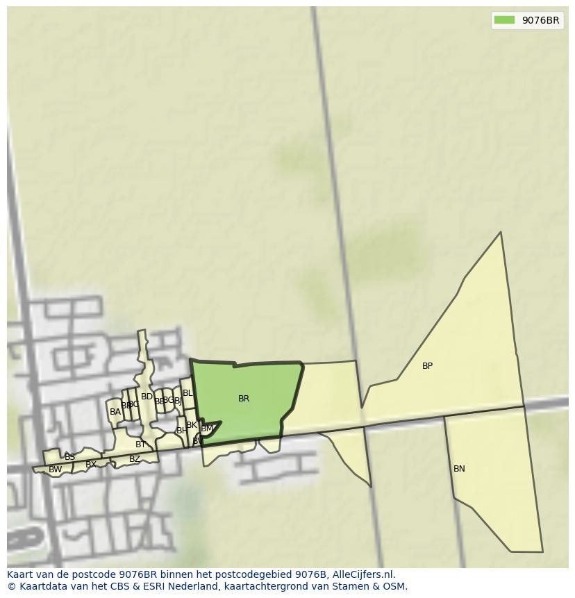 Afbeelding van het postcodegebied 9076 BR op de kaart.