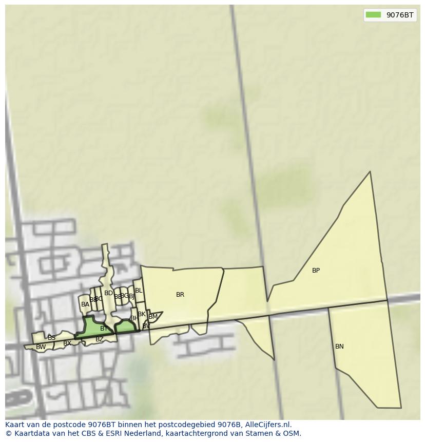 Afbeelding van het postcodegebied 9076 BT op de kaart.
