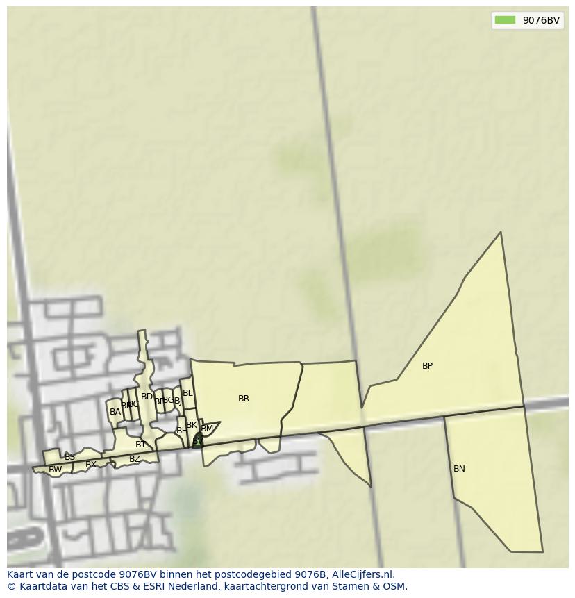 Afbeelding van het postcodegebied 9076 BV op de kaart.