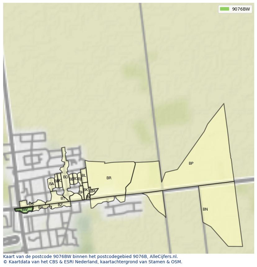 Afbeelding van het postcodegebied 9076 BW op de kaart.