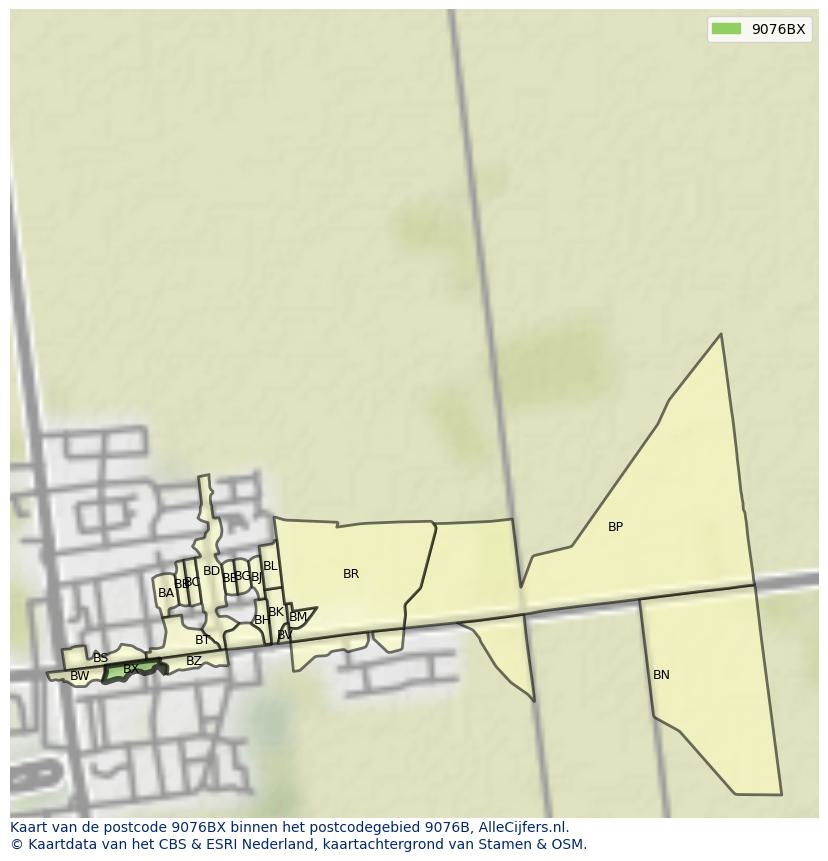 Afbeelding van het postcodegebied 9076 BX op de kaart.