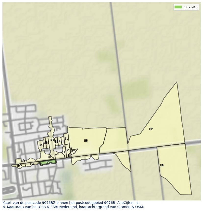 Afbeelding van het postcodegebied 9076 BZ op de kaart.