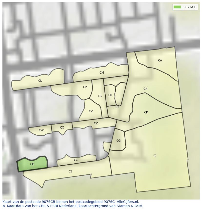 Afbeelding van het postcodegebied 9076 CB op de kaart.