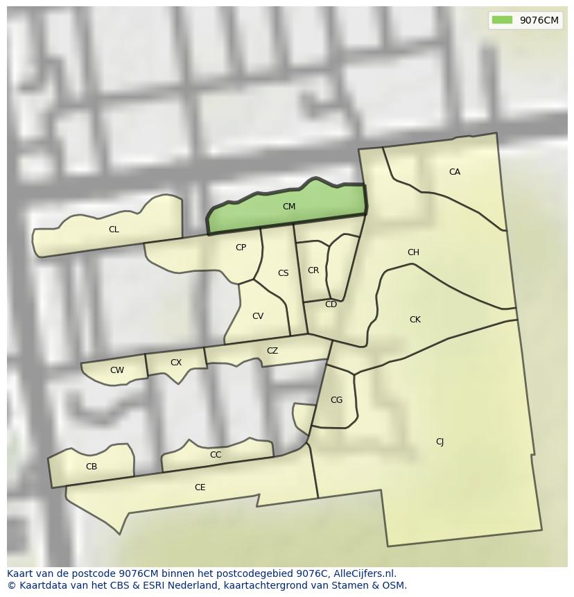 Afbeelding van het postcodegebied 9076 CM op de kaart.
