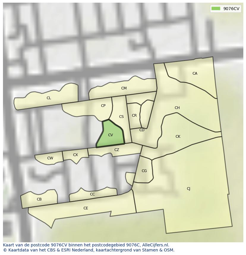 Afbeelding van het postcodegebied 9076 CV op de kaart.