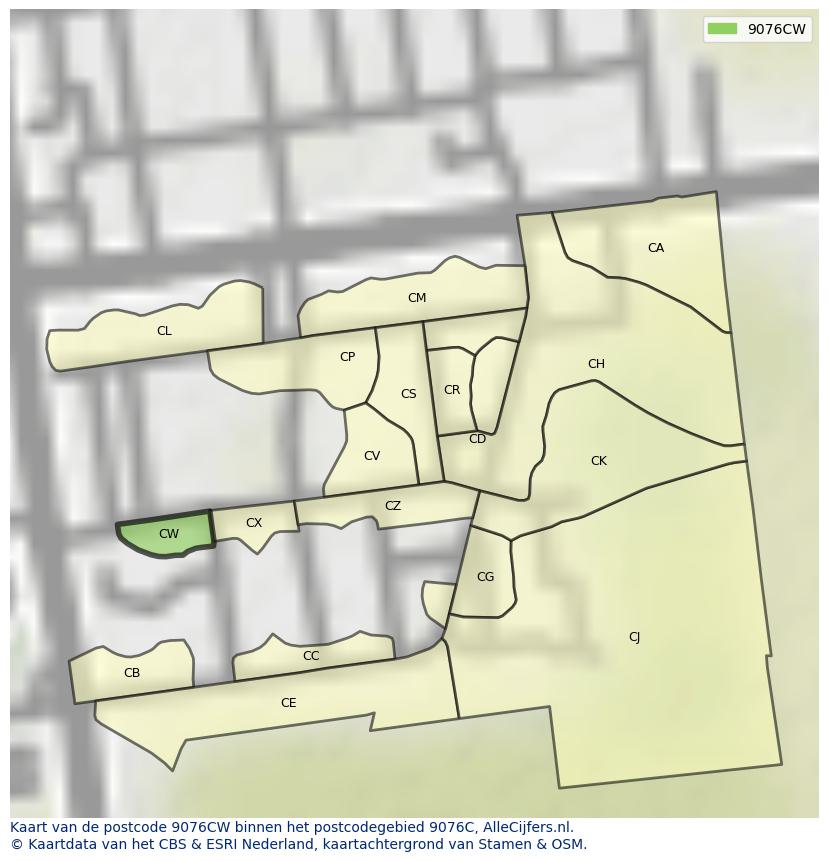 Afbeelding van het postcodegebied 9076 CW op de kaart.