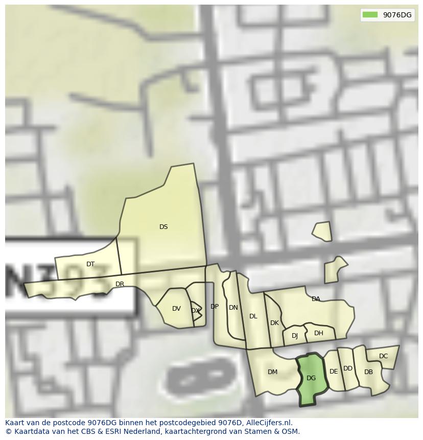 Afbeelding van het postcodegebied 9076 DG op de kaart.