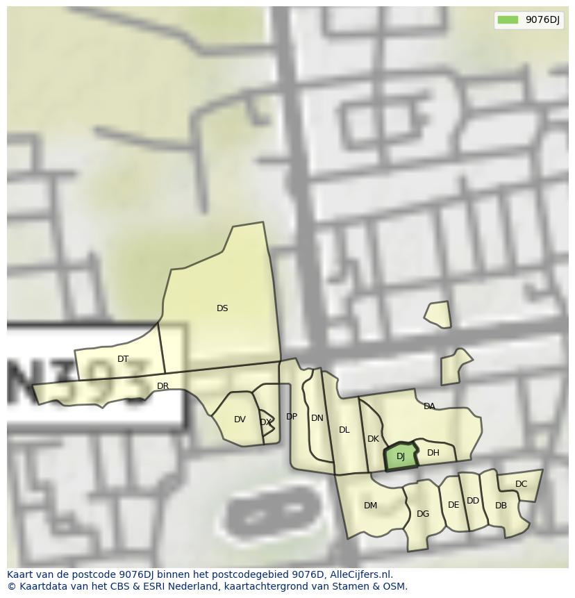 Afbeelding van het postcodegebied 9076 DJ op de kaart.