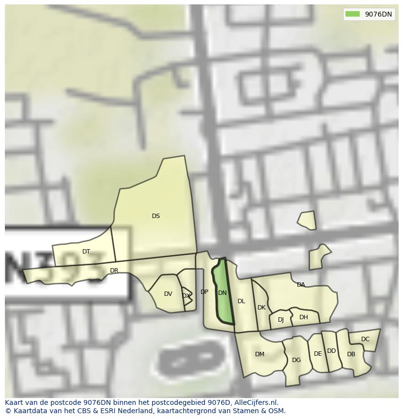 Afbeelding van het postcodegebied 9076 DN op de kaart.