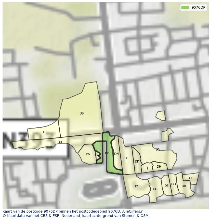 Afbeelding van het postcodegebied 9076 DP op de kaart.