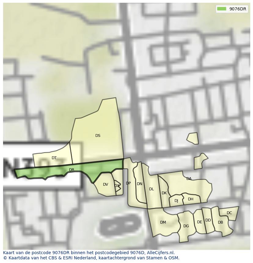 Afbeelding van het postcodegebied 9076 DR op de kaart.