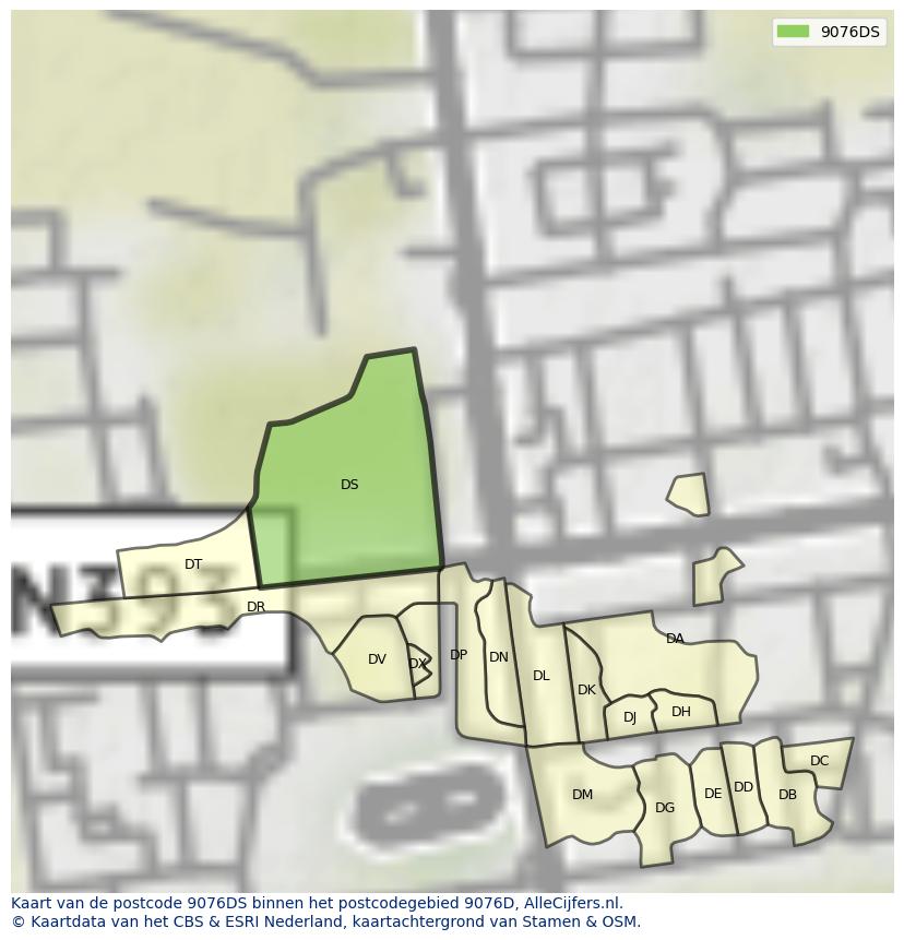 Afbeelding van het postcodegebied 9076 DS op de kaart.