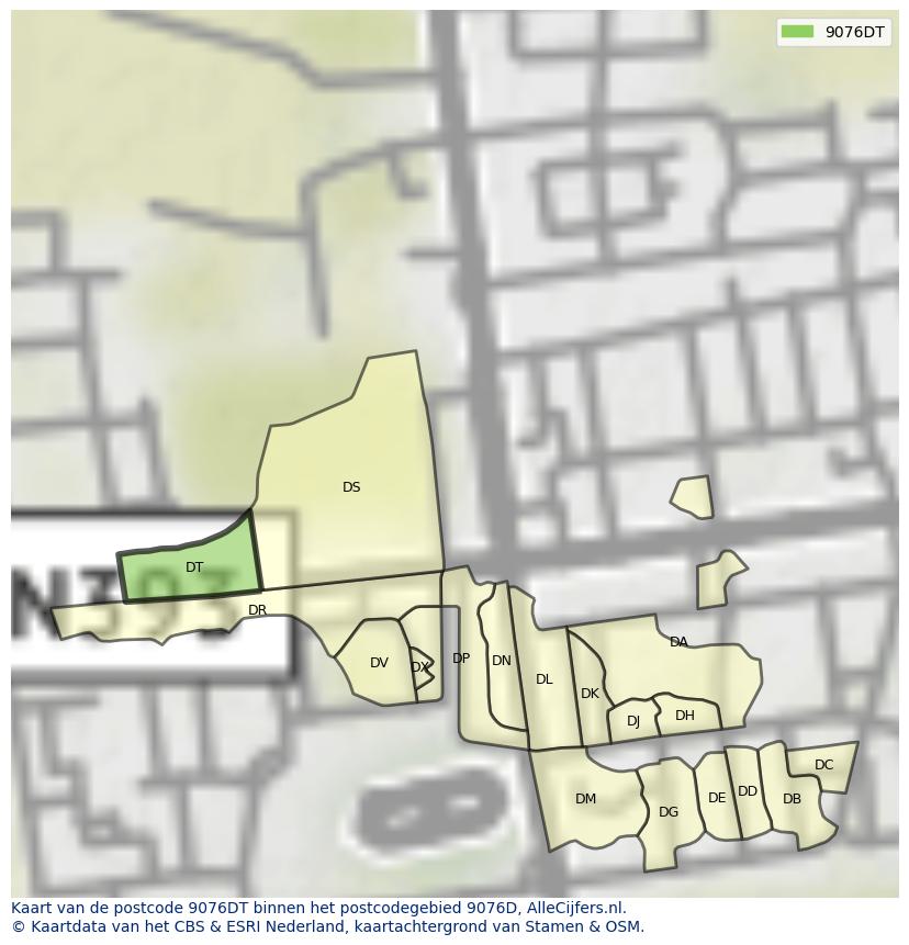 Afbeelding van het postcodegebied 9076 DT op de kaart.