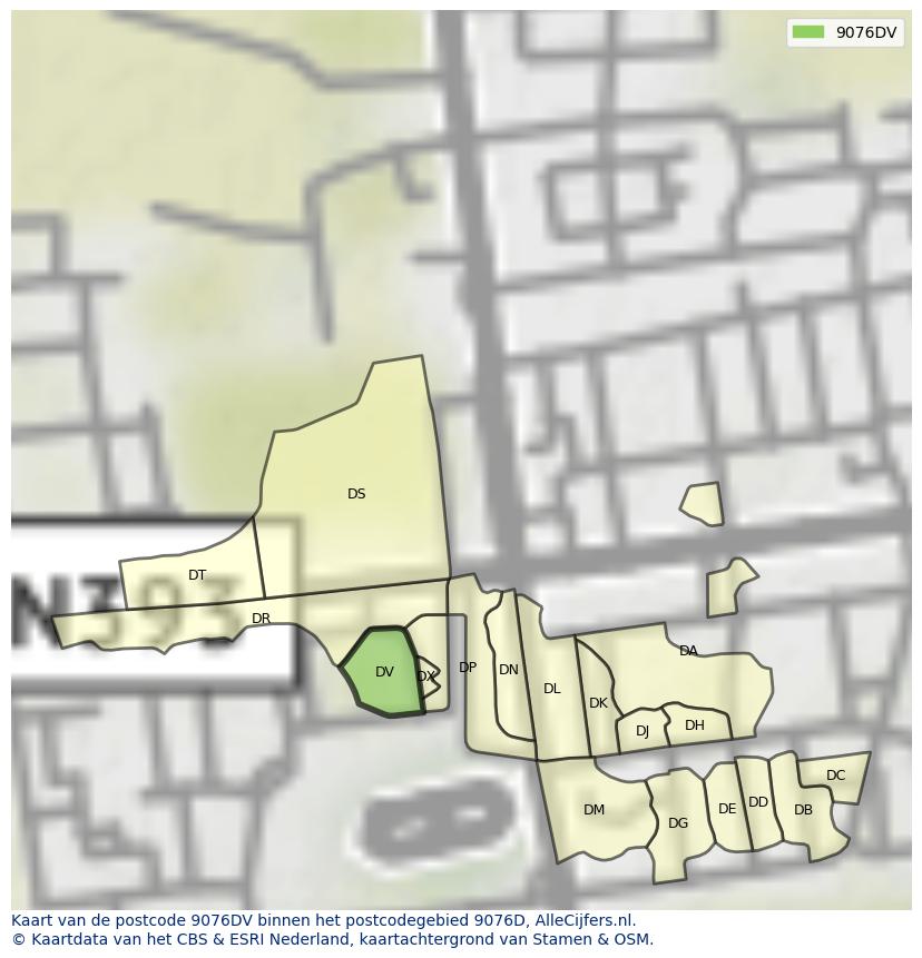 Afbeelding van het postcodegebied 9076 DV op de kaart.