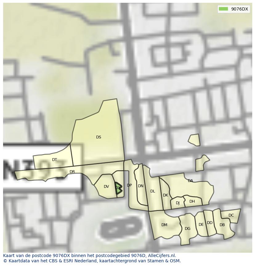 Afbeelding van het postcodegebied 9076 DX op de kaart.