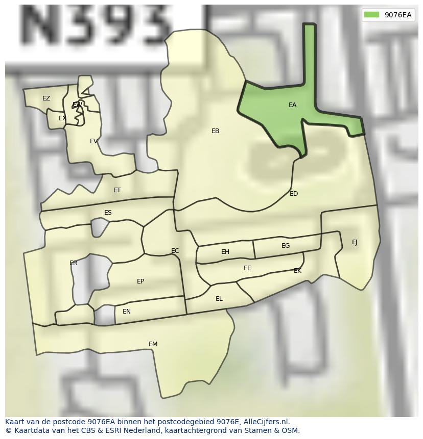 Afbeelding van het postcodegebied 9076 EA op de kaart.