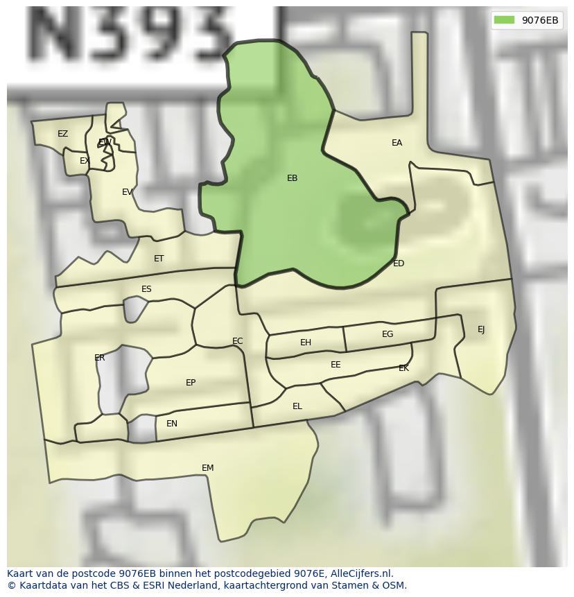 Afbeelding van het postcodegebied 9076 EB op de kaart.