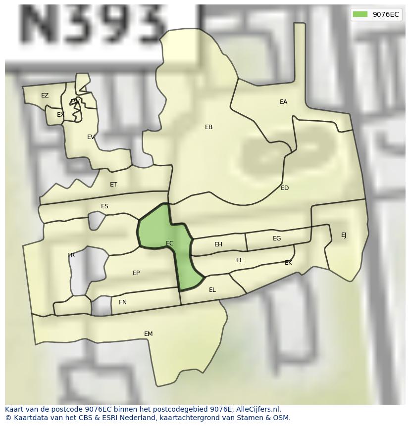 Afbeelding van het postcodegebied 9076 EC op de kaart.