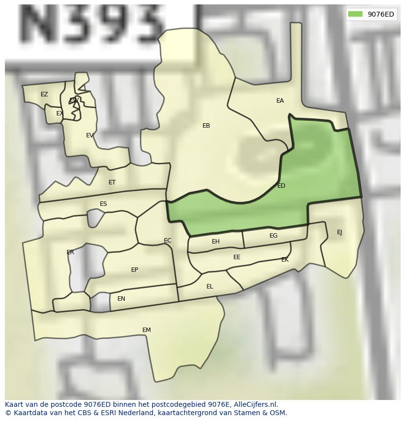 Afbeelding van het postcodegebied 9076 ED op de kaart.