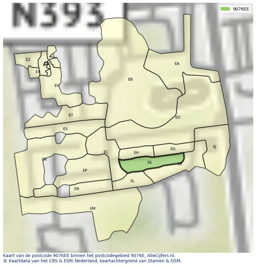 Afbeelding van het postcodegebied 9076 EE op de kaart.