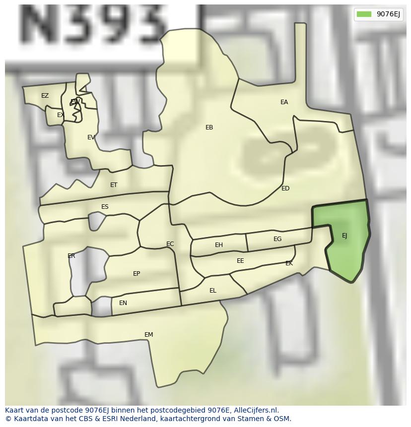 Afbeelding van het postcodegebied 9076 EJ op de kaart.